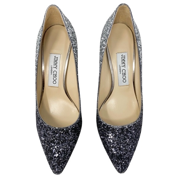 Jimmy Choo Romy 85 Fireball Navy Silver Ombre Glitter Pointed Toe Stiletto Pumps - Picture 2 of 10